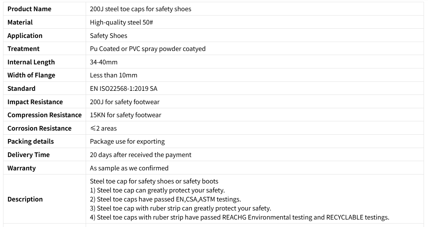 200J Capes d'orteil en acier pour chaussures de s&eacute;curit&eacute; 